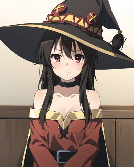 3978523197-1542915734-kyoani haruhi style, megumin, 1girl, indoors, bare shoulders, black hair, black cape, black gloves, blush, cape, choker, collarb.png